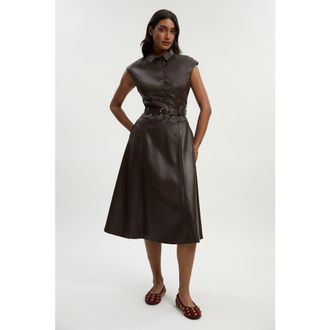 Karen Millen Faux Leather Belted Midi Dress in Chocolate at Nordstrom, Size 12