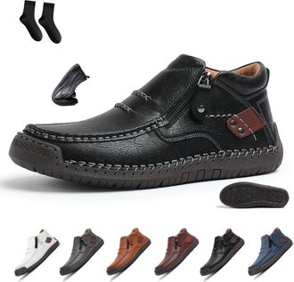 Generic Mens Casual Arch Support Non-Slip Leather Slip-On Loafers Handmade Leather Slip-On Wide Toe Orthopedic Boots with Side Zipper Fashion Comfortable Non-