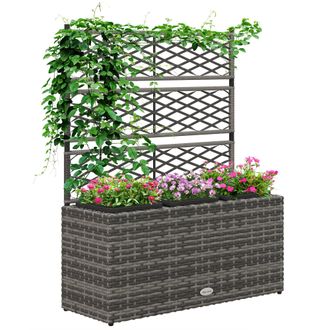 OUTSUNNY Garden PE Rattan Planter Box w/ Trellis Flower Raised Bed - 84x30x107cm | TJ Hughes