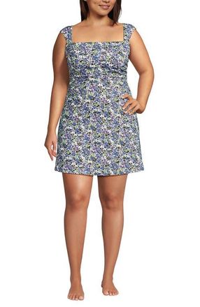 Lands End Chlorine Resistant Square Neck Ruched Swim Dress One Piece Swimsuit in White/lilac Multi Ditsy Floral at Nordstrom, Size 4P