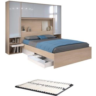 Vente-Unique Letto con LED e vani portaoggetti 160 x 200 cm Naturale e Bianco lucido + Materasso - VELONA