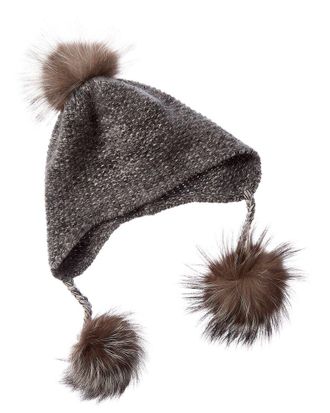 Portolano Fox Fur Poms Cashmere Earflap Hat