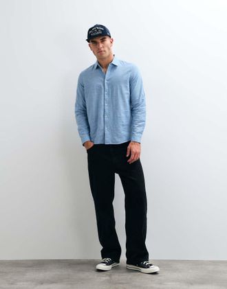 Blend camicia regular fit a maniche lunghe in misto cotone-lino azzurro-Blu