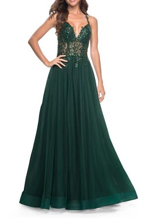 La Femme Tulle A-Line Gown with Sheer and Beaded Lace Detail in Dark Emerald at Nordstrom, Size 6