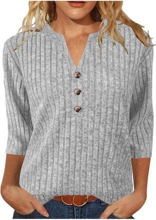 Generic Womens Sweaters 3/4 Length Sleeve Tops V Neck Button Jumpers Womens Top Knit Stripe Fall Ladies Sweatshirts Jumpers Solid Color Workout Plus Size Acti