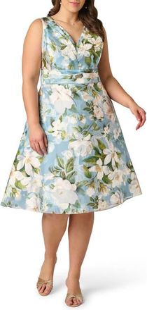 Adrianna Papell Magnolia Floral Jacquard Midi Fit & Flare Dress in Blue Multi at Nordstrom, Size 18W