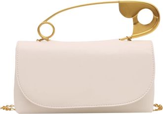 Generic Womens Evening Clutch Purse with Gold Safety Pin Handle, Crossbody Bag with Chain Strap, White Leather Small Handbag
