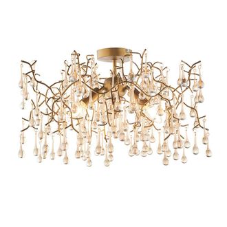 Loops Aged Gold Semi Flush Ceiling Light with Glass Droplets 3 Bulb Low Hanging Light in Clear