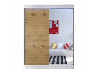 Mirjan24 Armario Atlanta 140, Blanco + Roble Artisan, 200x150x58cm, Puertas De Armario: Correderas, Led - Blanco + Roble Artisan
