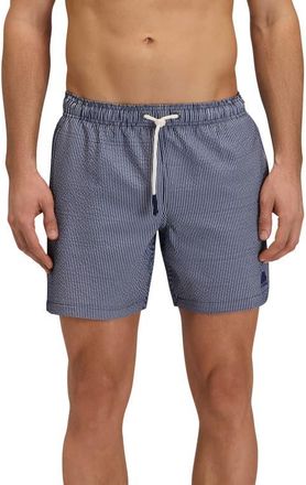Sundek Stripe Seersucker Swim Trunks in Dark Navy at Nordstrom, Size Xx-Large