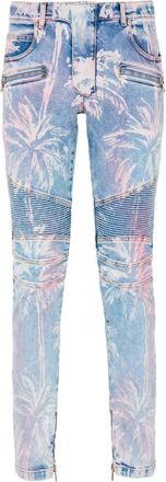 Balmain Palm Tree Print Biker Jeans - Heren - Slim Fit Jeans - Blauw - W32 - Katoen - Jeans