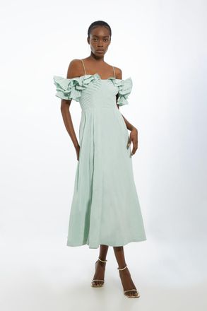 Karen Millen Strappy Off The Shoulder Taffeta Ruffle Woven Prom Dress