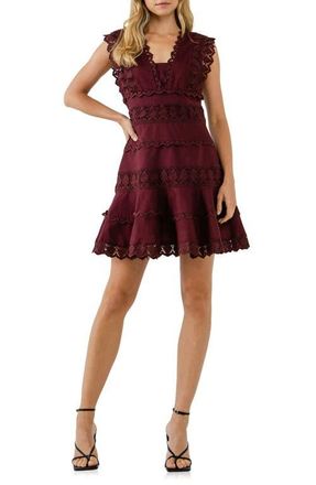 endless rose Plunge Neck Tiered Lace Linen & Cotton Dress in Burgundy at Nordstrom, Size Small