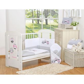 OEM Juego De Cama Infantil 135x100cm Con Protector De 3 Piezas, B&uacute;hos Grises, Con Bordado Gris Y Rosa