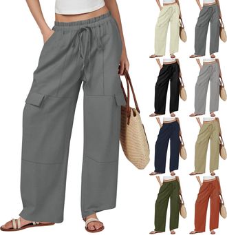 Generic Womens Cotton Linen Casual Pants Baggy Wide Leg Cargo Pants Drawstring Elastic Waist Ladies Lounge Pant With Pockets Solid Color Loose Comfort Palazzo