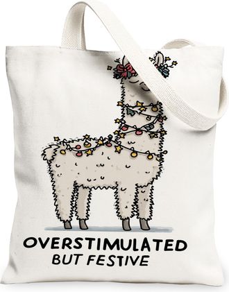 Generic Llama Canvas Tote Bags, Cute Animal Design Reusable Grocery Bags, Holiday Lightweight Washable Shoulder Strap Canvas for Tr, White, 13x15 Inch