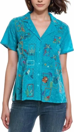 Johnny Was Cooper Embroidered Button Up Andreia In Lake Blue