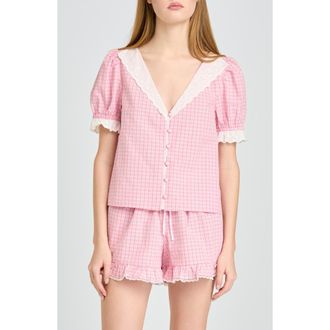 Wayf Emma Eyelet Trim Plaid Button-Up Top in Pink at Nordstrom, Size X-Small