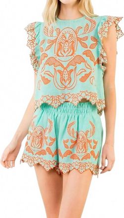 THML Clothing Lollie Embroidered Flutter Sleeve Top In Jade / Coral