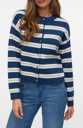 Vero Moda Stripe Button Front Crop Cardigan in Dark Denim Detail W. at Nordstrom Rack, Size X-Large