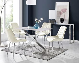 Furniturebox Leonardo White Glass Marble Effect Silver Leg Table & 4 Pesaro Silver Chairs in Cream