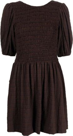 Ganni Bruine Smock Mini Jurk - Dames - Korte kleedjes - Bruin - M - Polyester - Kleedjes
