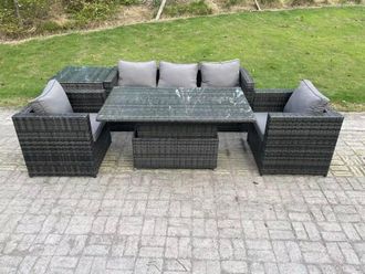 Fimous Outdoor Rattan Garden Furniture Sofa Set Patio Adjustable Rising Lifting Dining Table Set with Side Table in Dark Grey