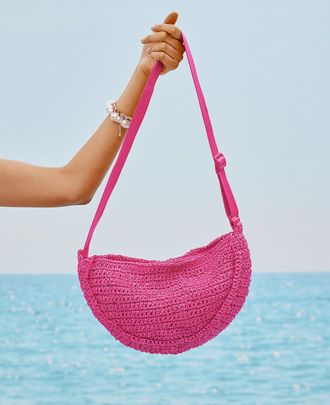 Simons Womens Half-moon braided straw crossbody bag