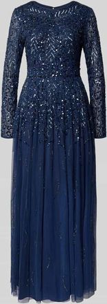 Lace & Beads Abendkleid mit Rundhalsausschnitt in Marine, Größe XXS