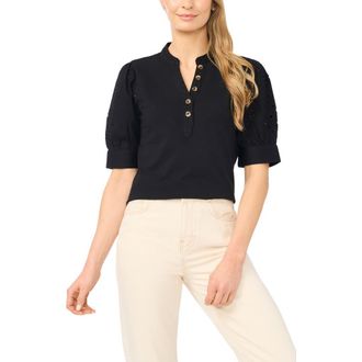 CeCe by Cynthia Steffe Puff Sleeve Mixed Media Cotton Top in Rich Black at Nordstrom, Size Xx-Small