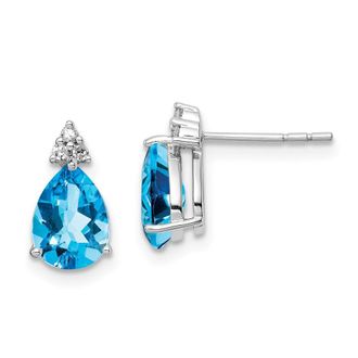 Diamond2Deal Sterling Silver Rhodium Plated Diamond and Blue Topaz Stud Earrings