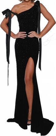 Johnathan Kayne One-Shoulder Stretch Satin Evening Gown In Black