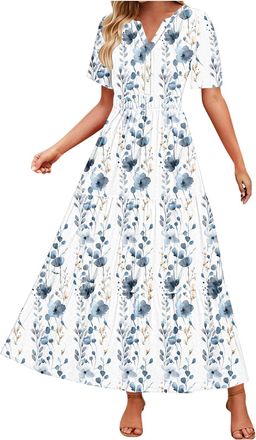 Generic Summer Dresses for Women UK Clearance Womens Summer Floral V Neck Maxi Dress Short Sleeve High Waist A Line Tiered Flowy Boho Vacation Dresses Loose B