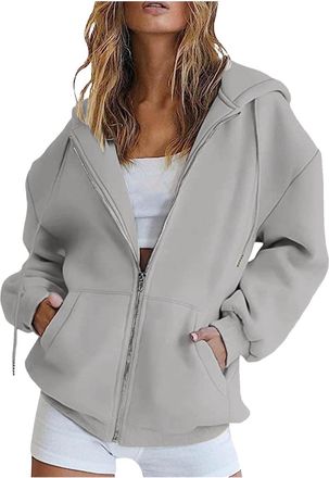 Generic Womens Long Sleeve Sweatshirts Casual Hooded Jackets with Pockets Oversized Zip Up Hoodies Lightweight Ladies Large Womens Zippe Sweatshirt (Grey, XL)