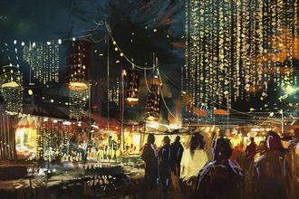 Queence Leinwandbild »Markt« Gebäude Menschen Städte Premium-Leinwandstoff, Handarbeit aus Deutschland