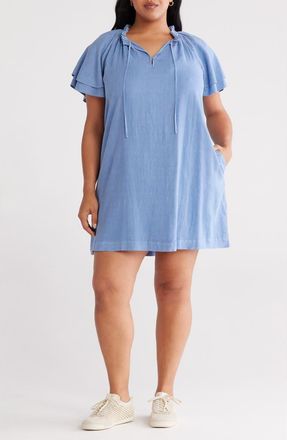 Treasure & Bond Flutter Sleeve Linen Blend Shift Dress in Blue Colony at Nordstrom, Size 1X