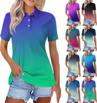 Generic Colour Gradient Polo Shirt Womens Short Sleeve Colourful Tops Loose Tops Elegant Blouses Casual Shirt Basic Golf Shirt Oversized Blouse Polo Casual Sh