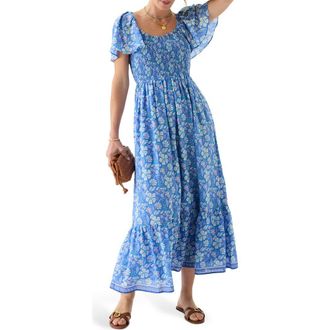 Vineyard Vines Floral Smocked Flutter Sleeve Maxi Dress in Hibiscus Breaker at Nordstrom, Size X-Large Regular