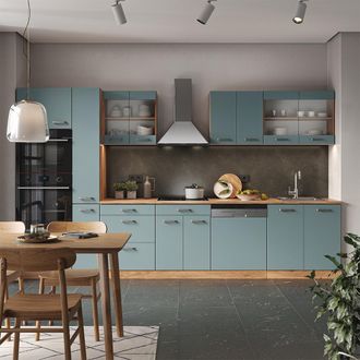 Vicco Cocina R-line, Roble Azul-gris-dorado, 350 Cm Con Armario Alto, Et Antracita