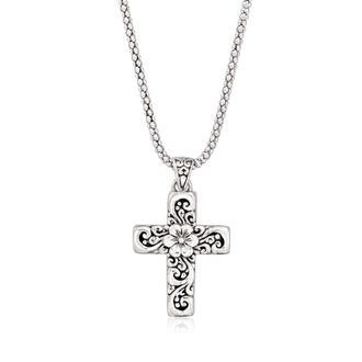 Ross-Simons Sterling Silver Bali-Style Floral Cross Pendant Necklace
