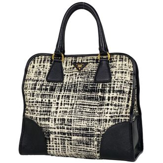 Prada Black White Tweed Saffiano Handbag Tote Bag (Pre-Owned)