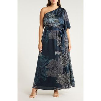 Sugarlips Kirby Print One-Shoulder Satin Maxi Dress in Navy-Cream at Nordstrom, Size 3X