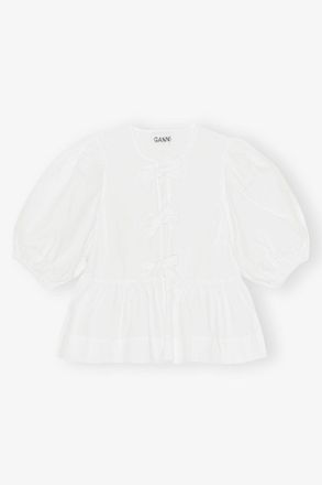 Ganni White Cotton Poplin Peplum Tie Blouse - Size 32 Organic