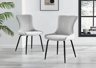 Furniturebox Set of 2 Nora Deep Padded Luxurious Dining Chairs Upholstered In Soft Velvet With Black Legs in Light Grey