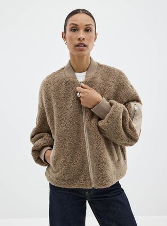 Marc O'Polo Shirt - Womens Taupe high-pile fleece dual-material bomber jacket