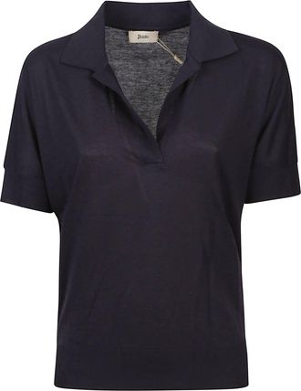 Herno Relaxed Fit Dark Blue Polo-Style Top With Ribbed Cuffs