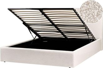 Beliani Cama Con Almacenaje Elegante Tapicer&iacute;a De Boucl&eacute; Con Cabecero Ancho Y Somier De L&aacute;minas Elevable Blanco Crema 160 X 200 Cm Brenon