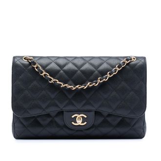 Chanel Pre-owned Womens Jumbo Classic Caviar Double Flap - Black Leather - One Size