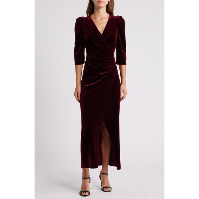 Faux Wrap Velvet Midi Cocktail Dress in Burgundy at Nordstrom, Size X-Small