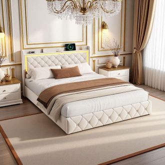 OEM Cama 2 Personas 140x200 Cm, Cama Con Arc&oacute;n De Terciopelo Beige, Led Rgb Y Puertos Ue Usb/tipo-c, Almacenamiento Multidimensional, Dise&ntilde;o Lujo Moderno